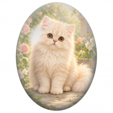 Cabochon en Verre Illustré Chaton Persan Crème parmi les Roses 13x18, 18x25 ou 30x40mm - Pour la Création de Bijoux Fantaisie