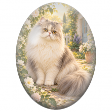 Cabochon en Verre Illustré Chat Persan Gris et Crème au Jardin 13x18, 18x25 ou 30x40mm - Pour la Création de Bijoux Fantaisie