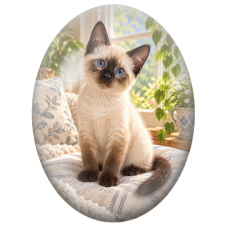Cabochon en Verre Illustré Chaton Siamois sur un Coussin près de la Fenêtre 13x18, 18x25 ou 30x40mm - Pour la Création de Bijoux