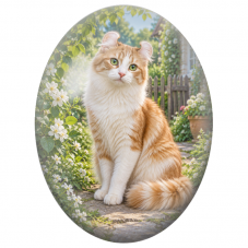 Cabochon en Verre Illustré Chat Roux et Blanc dans un Jardin de Campagne 13x18, 18x25 ou 30x40mm - Pour la Création de Bijoux