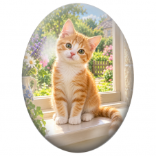 Cabochon en Verre Illustré Chaton Roux et Blanc à la Fenêtre Fleurie 13x18, 18x25 ou 30x40mm - Pour la Création de Bijoux