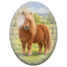 Cabochon en Verre Illustré Poney Roux dans une Prairie Fleurie 13x18, 18x25 ou 30x40mm - Pour la Création de Bijoux Fantaisie