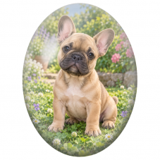 Cabochon en Verre Illustré Chiot Bouledogue Français Fauve dans les Fleurs 13x18, 18x25 ou 30x40mm - Pour la Création de Bijoux