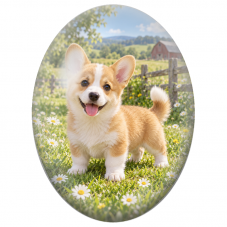 Cabochon en Verre Illustré Chiot Corgi dans une Prairie de Pâquerettes 13x18, 18x25 ou 30x40mm - Pour la Création de Bijoux