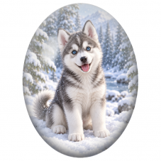 Cabochon en Verre Illustré Chiot Husky aux Yeux Bleus dans la Neige 13x18, 18x25 ou 30x40mm - Pour la Création de Bijoux