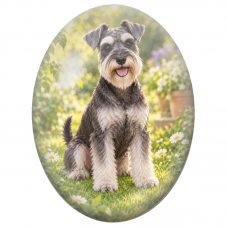 Cabochon en Verre Illustré Schnauzer Gris dans une Prairie Fleurie 13x18, 18x25 ou 30x40mm - Pour la Création de Bijoux