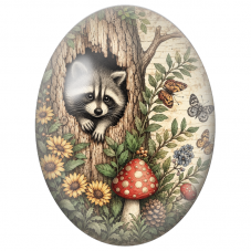 Cabochon en Verre Illustré Raton Laveur dans un Arbre aux Champignons 13x18, 18x25 ou 30x40mm - Pour la Création de Bijoux