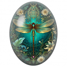 Cabochon en Verre Illustré Libellule Dorée dans un Jardin Émeraude 13x18, 18x25 ou 30x40mm - Pour la Création de Bijoux