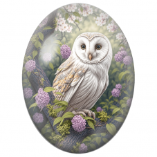 Cabochon en Verre Illustré Chouette Blanche parmi les Lilas 13x18, 18x25 ou 30x40mm - Pour la Création de Bijoux Fantaisie - DIY
