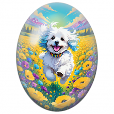 Cabochon en Verre Illustré Petit Chien Blanc Courant dans les Fleurs 13x18, 18x25 ou 30x40mm - Pour la Création de Bijoux