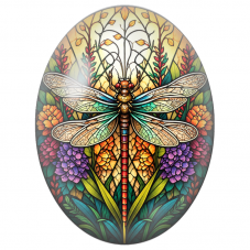 Cabochon en Verre Illustré Libellule Façon Vitrail parmi les Fleurs 13x18, 18x25 ou 30x40mm - Pour la Création de Bijoux