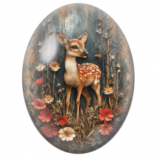 Cabochon en Verre Illustré Faon dans un Jardin aux Fleurs Rouges 13x18, 18x25 ou 30x40mm - Pour la Création de Bijoux Fantaisie