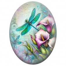 Cabochon en Verre Illustré Libellules et Arums Roses au Style Vintage 13x18, 18x25 ou 30x40mm - Pour la Création de Bijoux