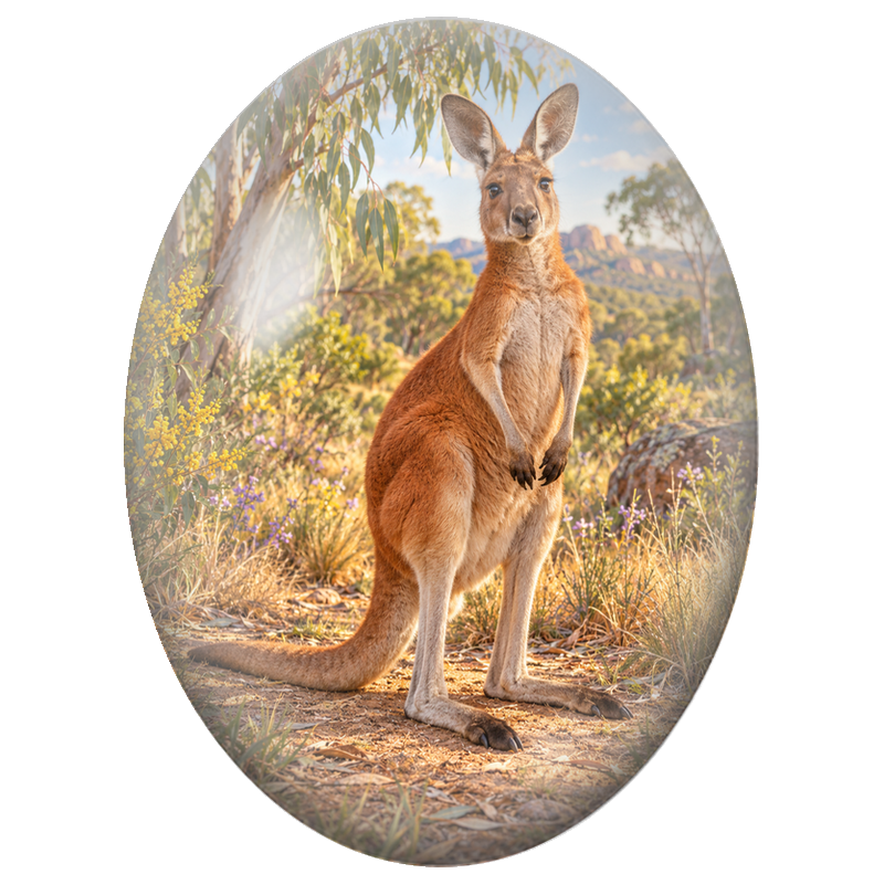 Cabochon en Verre Illustré Kangourou Roux dans le Bush Australien 13x18, 18x25 ou 30x40mm