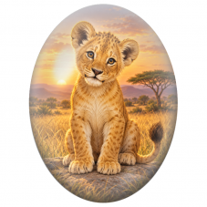 Cabochon en Verre Illustré Lionceau dans la Savane au Soleil Couchant 13x18, 18x25 ou 30x40mm - Pour la Création de Bijoux