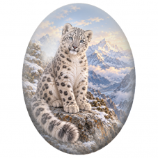 Cabochon en Verre Illustré Panthère des Neiges Assise en Haute Montagne 13x18, 18x25 ou 30x40mm - Pour la Création de Bijoux