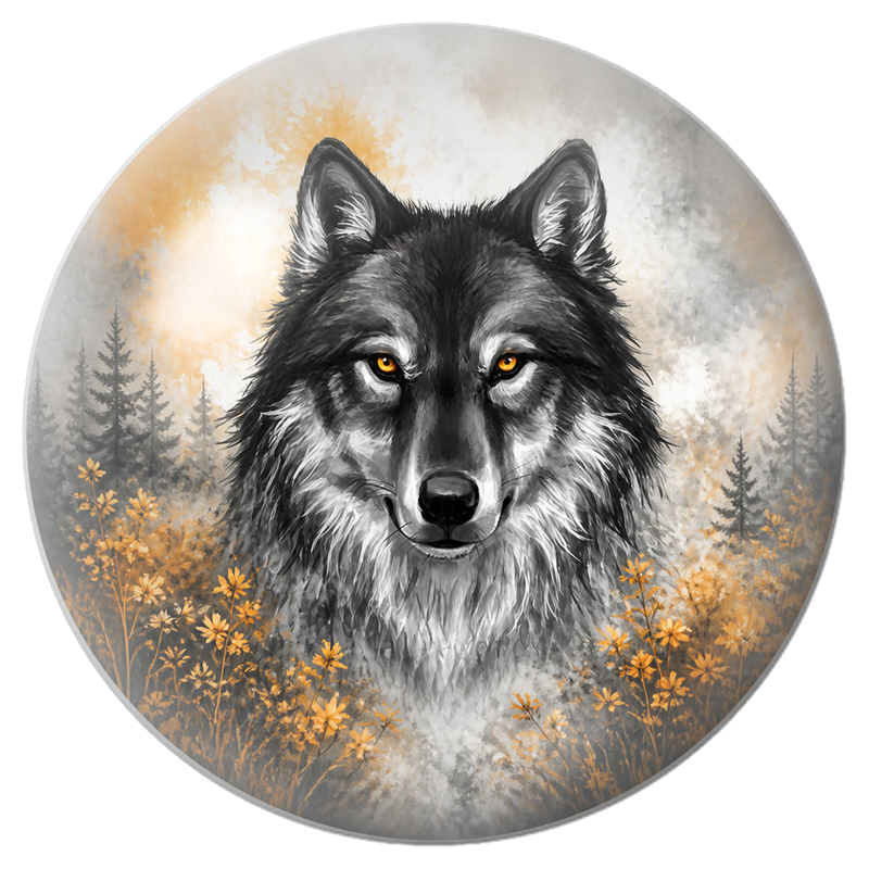Cabochon en Verre Illustré Loup aux Yeux d’Or dans la Forêt 12 à 25mm