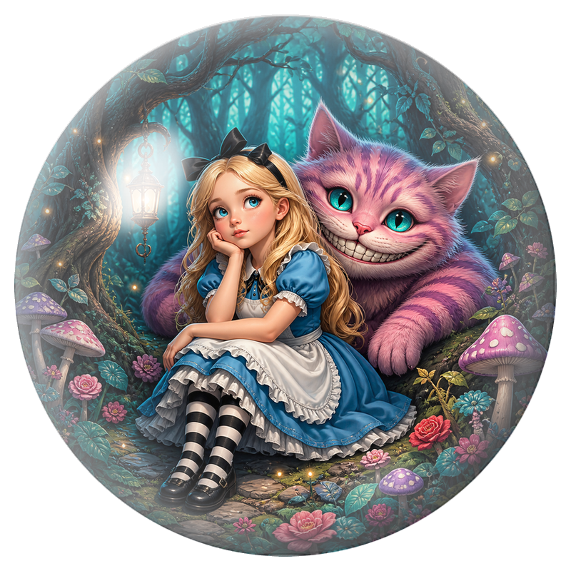 Cabochon en Verre Illustré Alice Assise près du Chat du Cheshire Géant 12 à 25mm