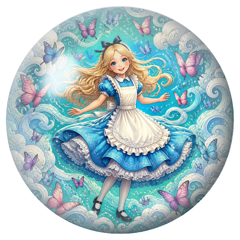 Cabochon en Verre Illustré Alice dans les Vagues et les Papillons 12 à 25mm