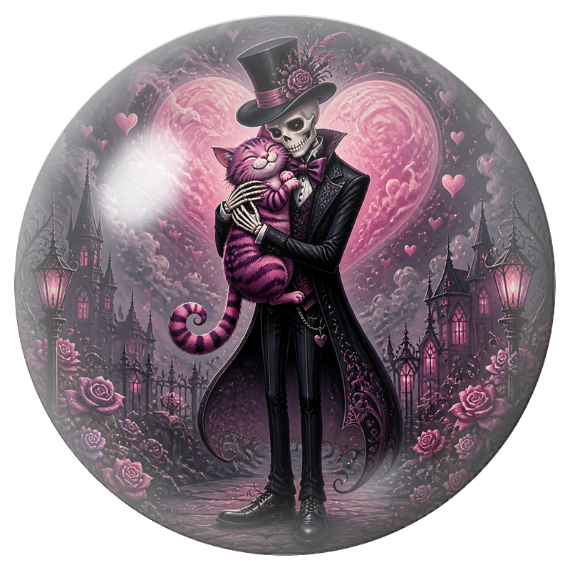 Cabochon en Verre Illustré Squelette Chapelier Enlaçant le Chat Rose 12 à 25mm