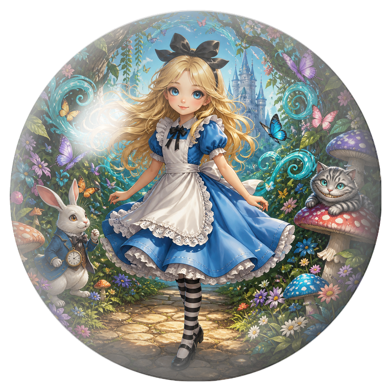 Cabochon en Verre Illustré Alice sur le Sentier du Lapin et du Chat 12 à 25mm