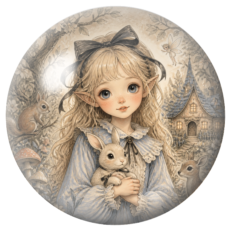 Cabochon en Verre Illustré Alice Fée au Lapin dans la Forêt 12 à 25mm