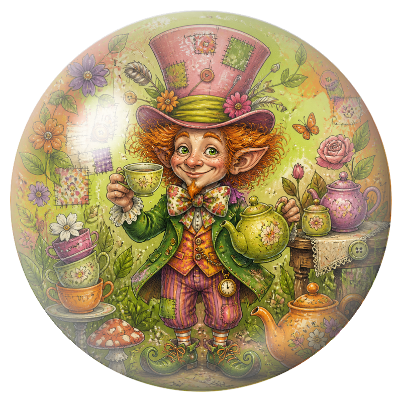 Cabochon en Verre Illustré Chapelier Patchwork au Thé Fleuri 12 à 25mm