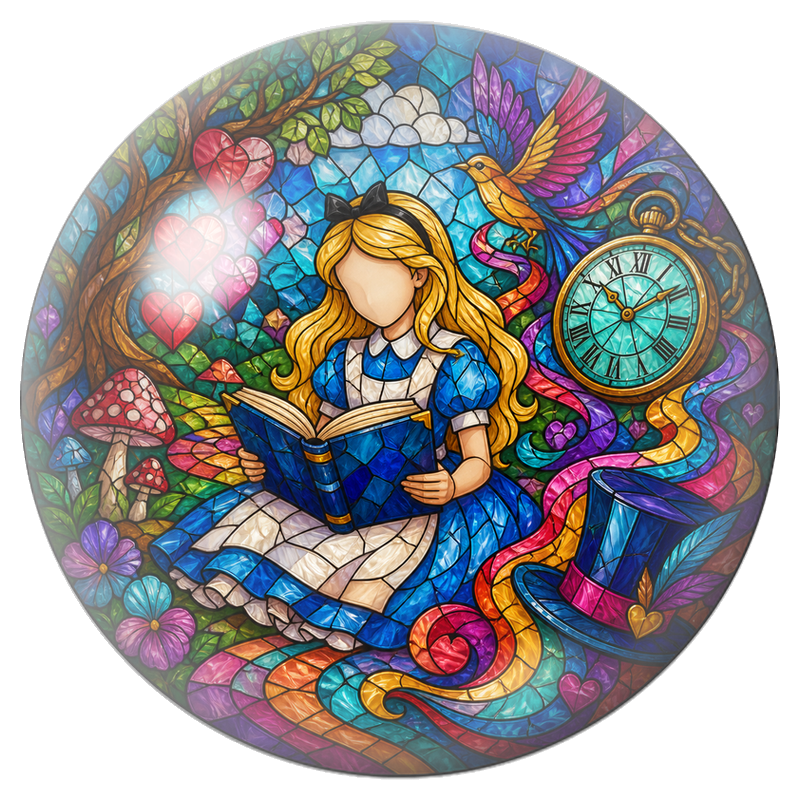 Cabochon en Verre Illustré Alice Lisant en Vitrail Coloré 12 à 25mm