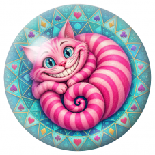 Cabochon en Verre Illustré Chat du Cheshire Rose sur Mandala Turquoise 12 à 25mm pour la Création de Bijoux Fantaisie - DIY