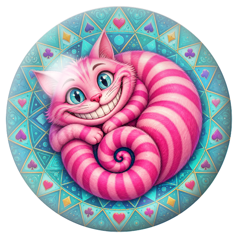 Cabochon en Verre Illustré Chat du Cheshire Rose sur Mandala Turquoise 12 à 25mm