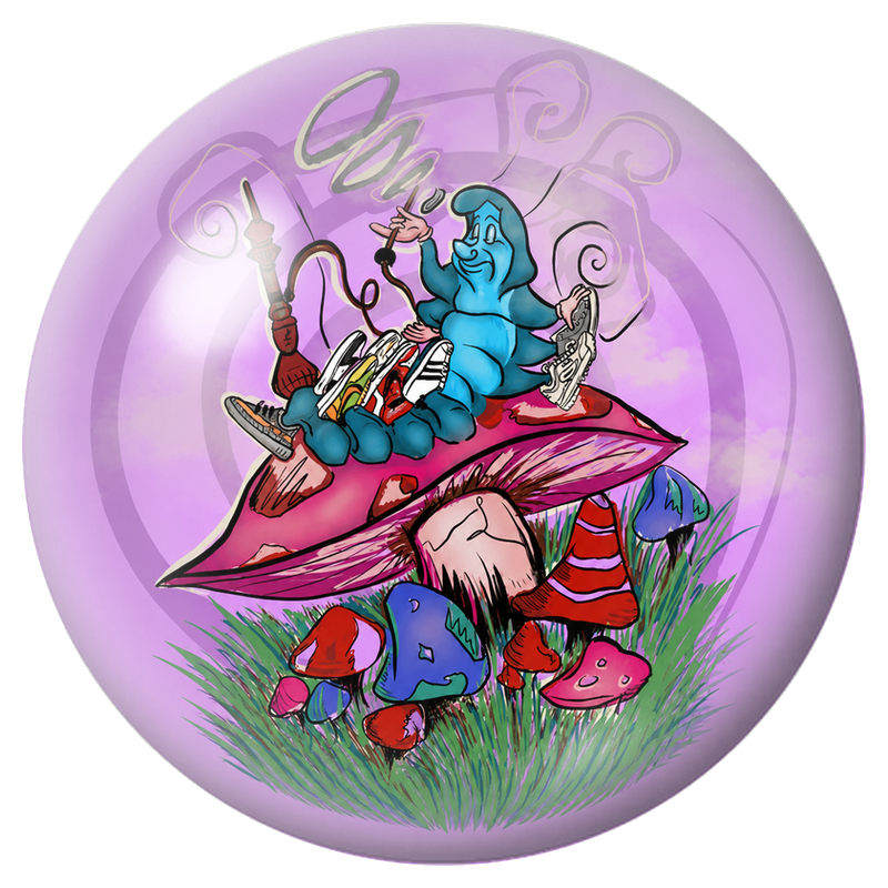 Cabochon en Verre Illustré Chenille Bleue sur son Champignon 12 à 25mm