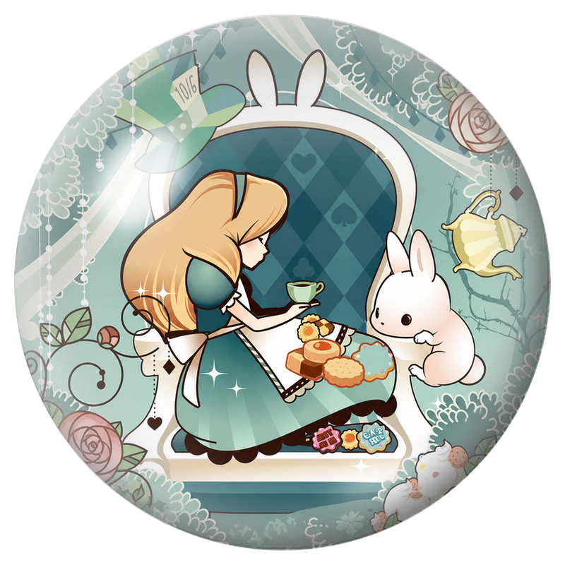 Cabochon en Verre Illustré Alice au Goûter avec le Lapin Blanc 12 à 25mm