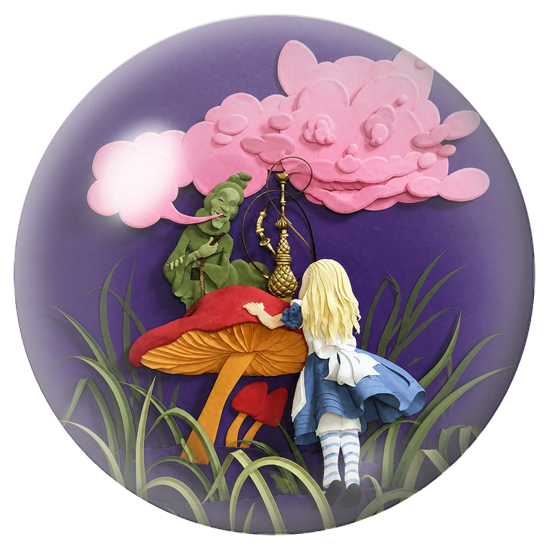 Cabochon en Verre Illustré Alice face à la Chenille et au Chat Rose 12 à 25mm