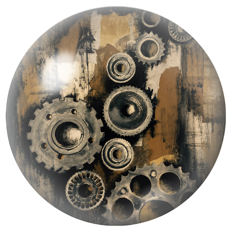 Cabochon en Verre Illustré Rouages Industriels sur Fond Abstrait 12 à 25mm