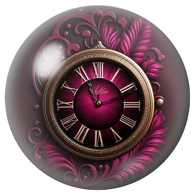 Cabochon en Verre Illustré Horloge Pourpre aux Feuillages Baroques 12 à 25mm