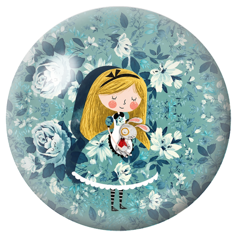 Cabochon en Verre Illustré Alice au Lapin Blanc dans les Fleurs Bleues 12 à 25mm