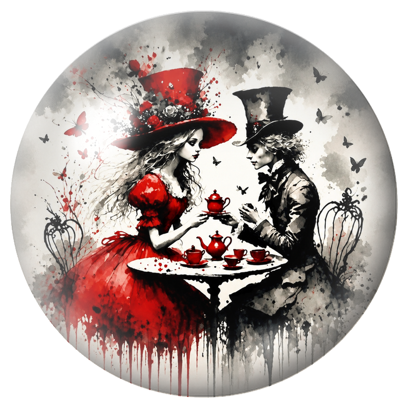Cabochon en Verre Illustré Goûter d’Alice et du Chapelier en Rouge 12 à 25mm