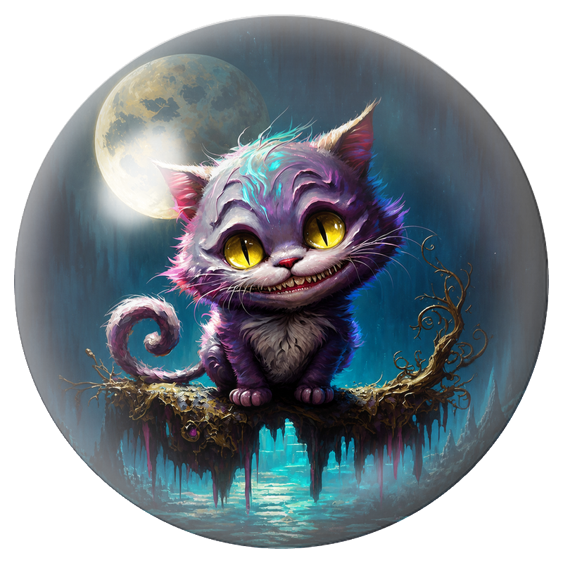 Cabochon en Verre Illustré Chat du Cheshire sous la Pleine Lune 12 à 25mm