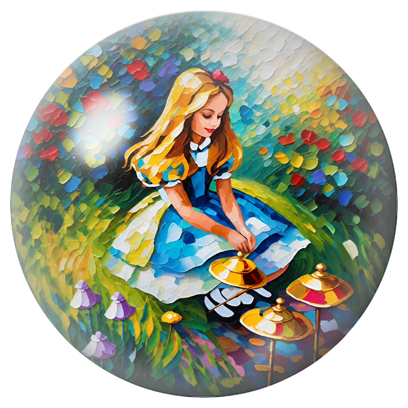 Cabochon en Verre Illustré Alice parmi les Champignons Dorés 12 à 25mm