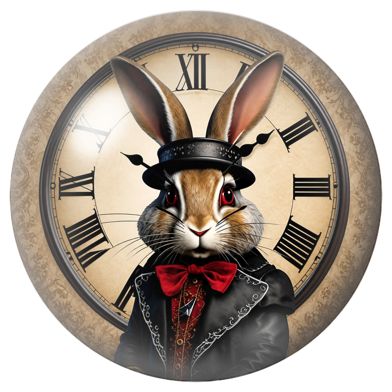 Cabochon en Verre Illustré Lapin Blanc Élégant devant l’Horloge 12 à 25mm