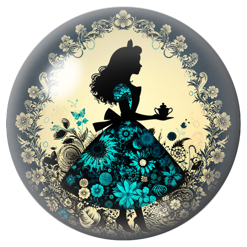 Cabochon en Verre Illustré Silhouette d’Alice à la Tasse de Thé 12 à 25mm