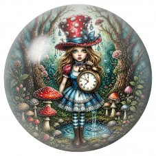 Cabochon en Verre Illustré Alice au Chapeau Champignon et à l’Horloge 12 à 25mm pour la Création de Bijoux Fantaisie - DIY