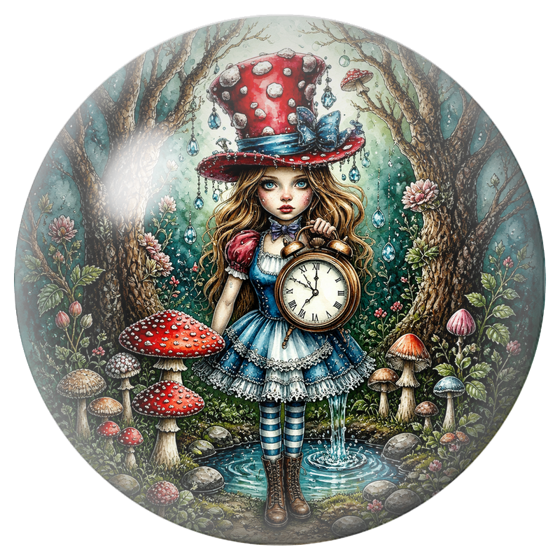 Cabochon en Verre Illustré Alice au Chapeau Champignon et à l’Horloge 12 à 25mm