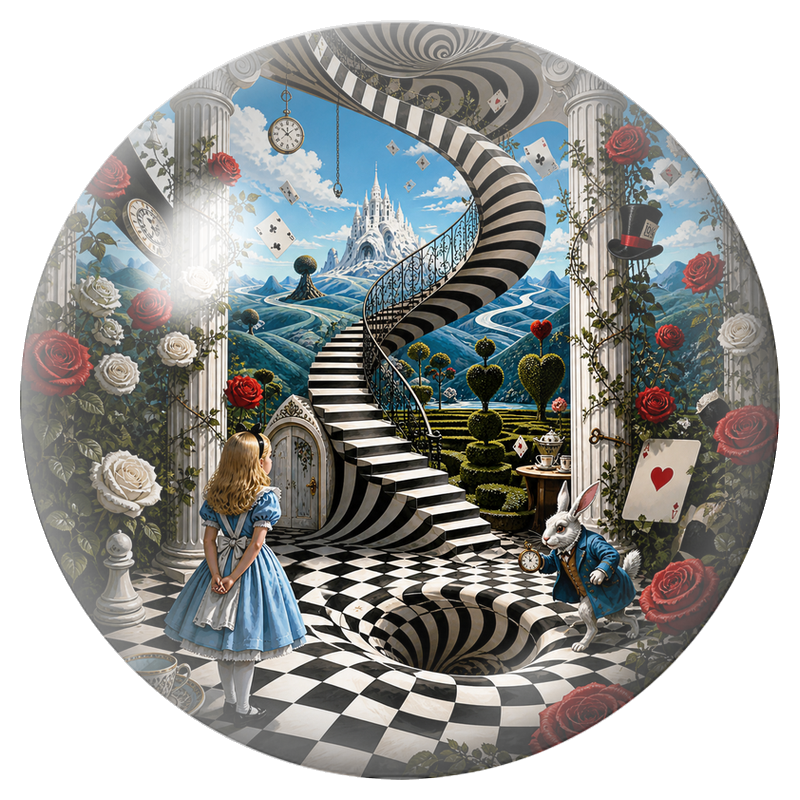 Cabochon en Verre Illustré Alice et le Lapin Blanc face à l’Escalier 12 à 25mm