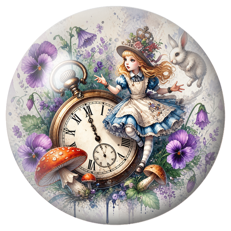 Cabochon en Verre Illustré Alice sur l’Horloge aux Pensées Violettes 12 à 25mm