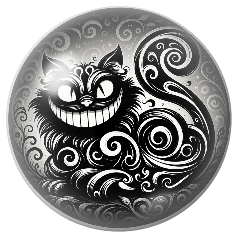 Cabochon en Verre Illustré Chat du Cheshire Noir aux Volutes Blanches 12 à 25mm