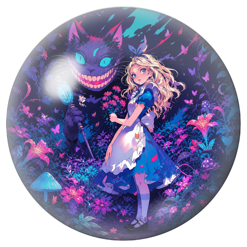 Cabochon en Verre Illustré Alice et le Chat du Cheshire à la Montre 12 à 25mm