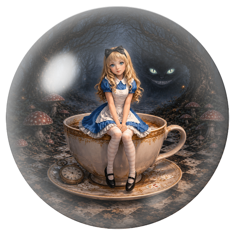 Cabochon en Verre Illustré Alice Assise dans une Tasse Géante 12 à 25mm