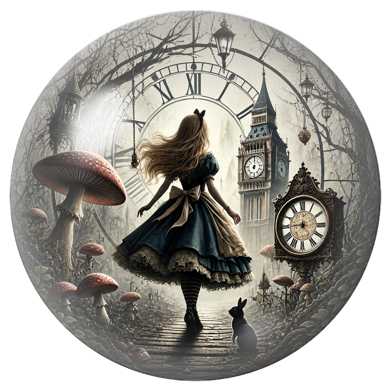 Cabochon en Verre Illustré Alice sur le Chemin des Horloges 12 à 25mm