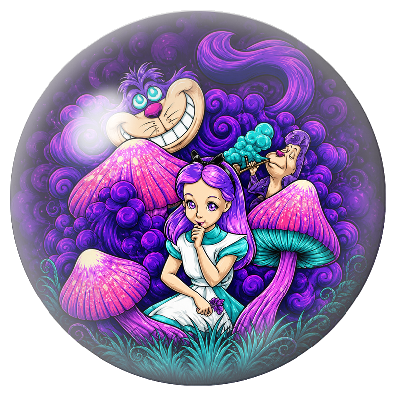 Cabochon en Verre Illustré Alice parmi les Champignons Violets 12 à 25mm